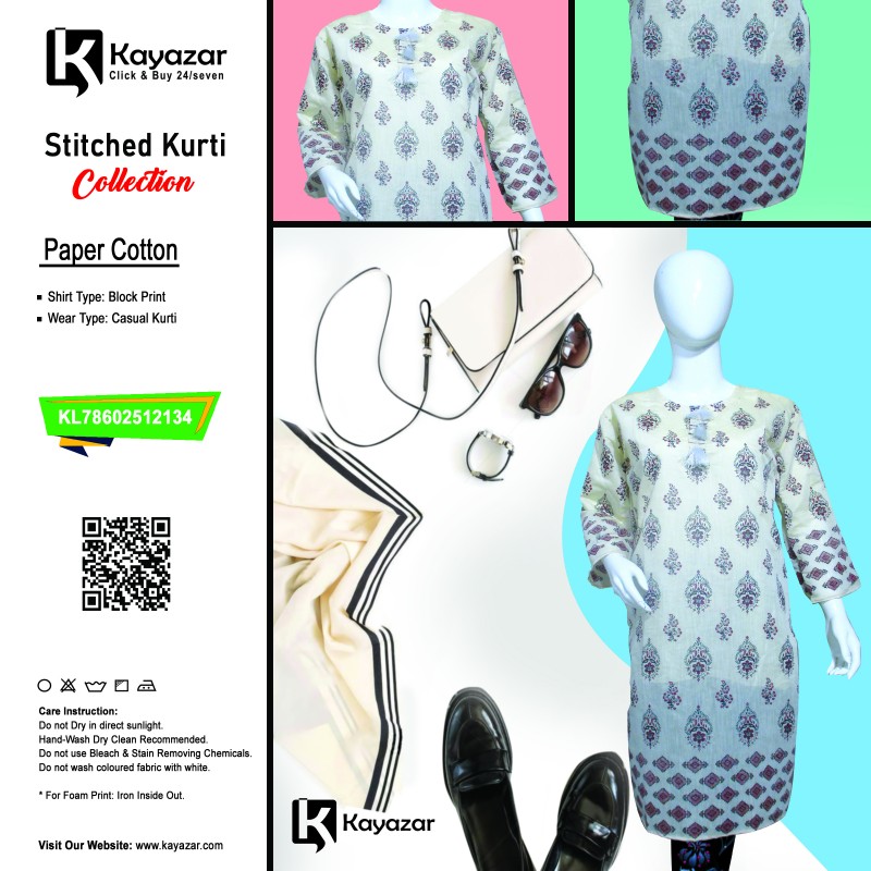 Paper Cotton Block Print Stitched Kurti With Inner