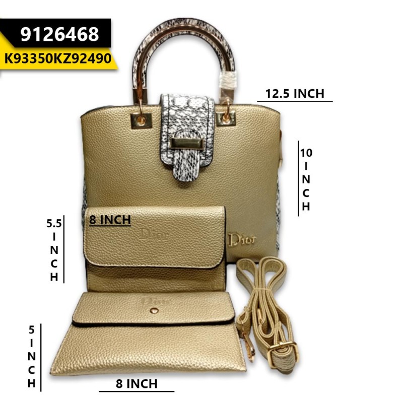 Leather 3 Piece Hand Bag Gold