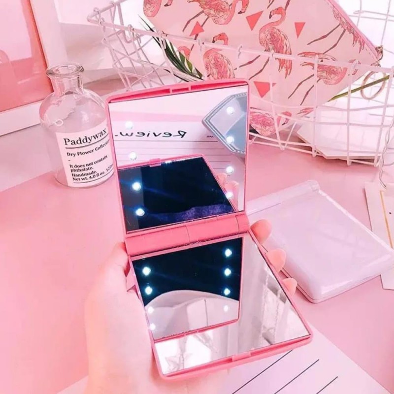 Women Foldable Makeup Mirrors Lady Cosmetic Hand Folding Portable Compact Pocket Mirror 8 LED Lights Lamps