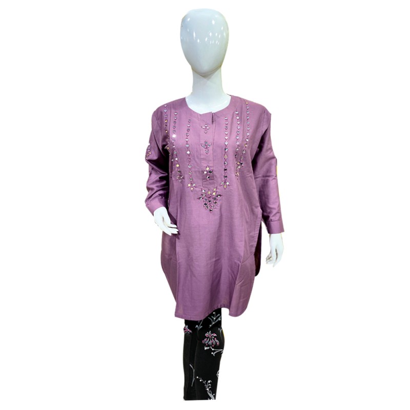 Winter Cotton Mirror Work Short Kurta Purple