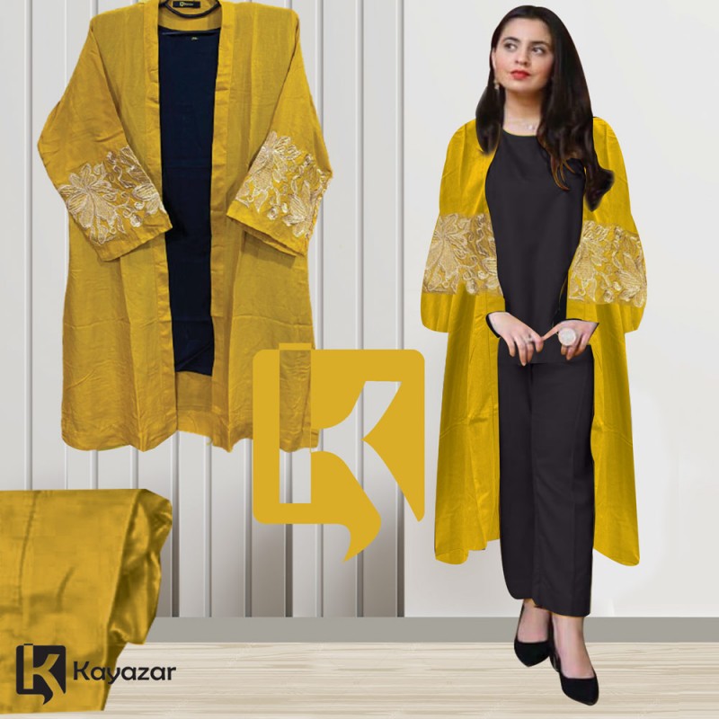 3pc Linen Suit with Embroidered Coat Mustard & Black