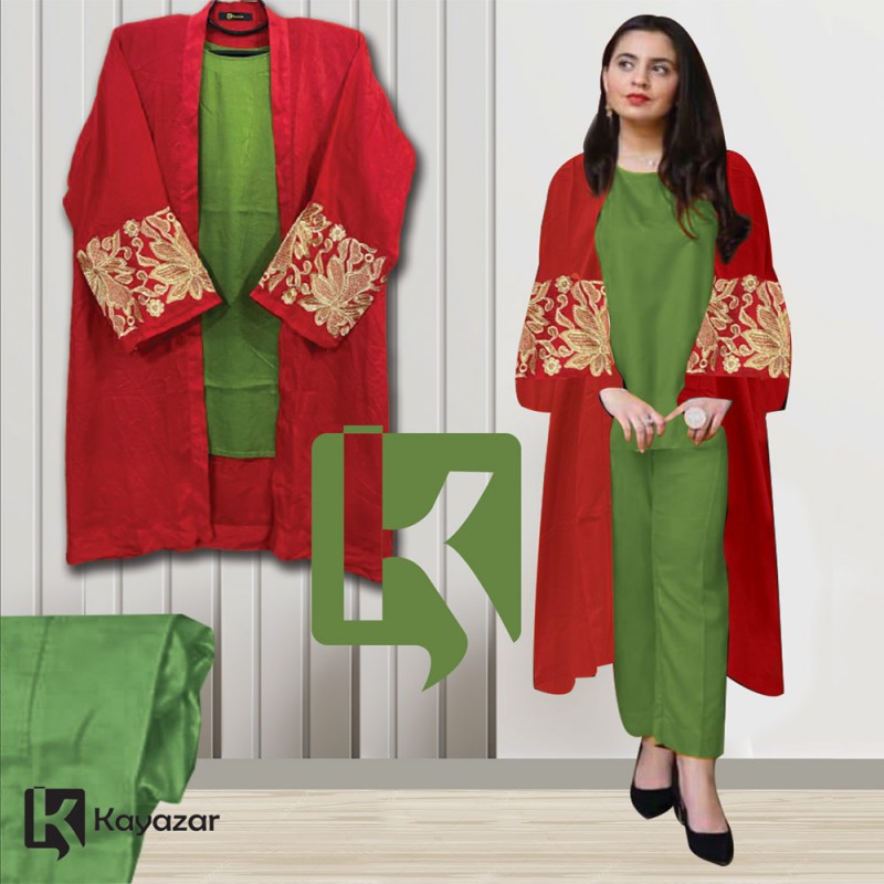 3pc Linen Suit with Embroidered Coat Red & Green