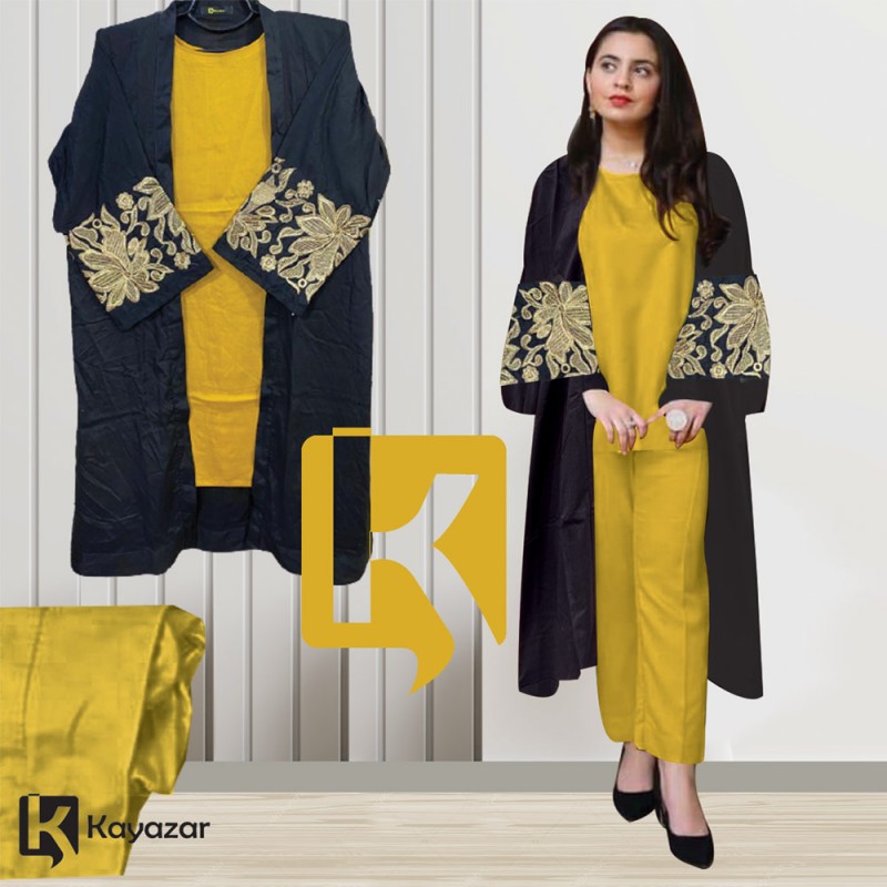 3pc Linen Suit with Embroidered Coat Black & Mustard