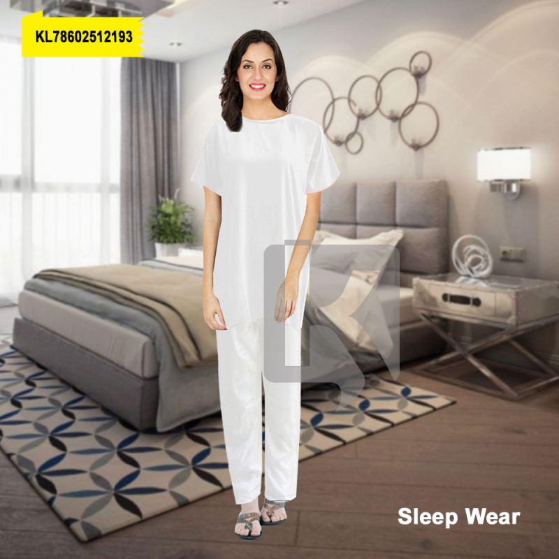 2-Pcs Plain Linen Night Wear Shirt & Trouser for Girls Half Sleeves White