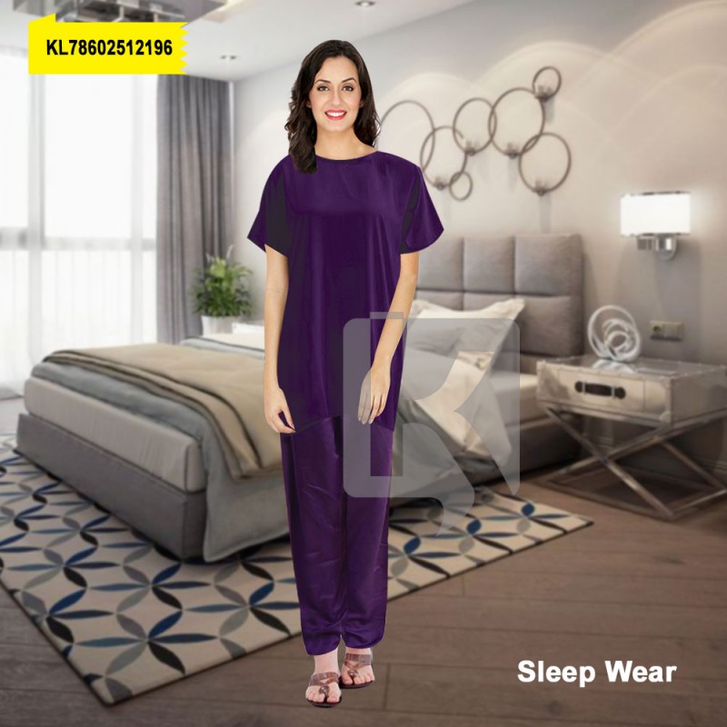 2-Pcs Plain Linen Night Wear Shirt & Trouser for Girls Half Sleeves Purple