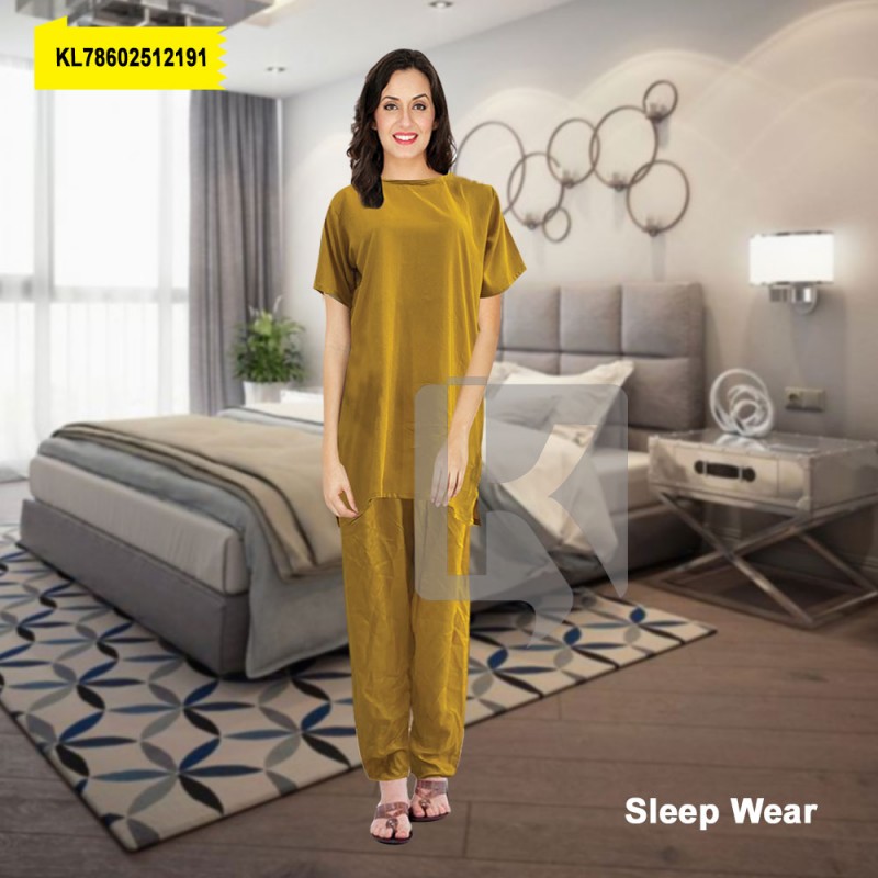 2-Pcs Plain Linen Night Wear Shirt & Trouser for Girls Half Sleeves Mustard