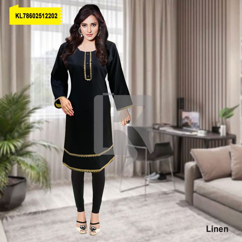 Linen Golden Lace Black Frock With Tights - KL78602512202