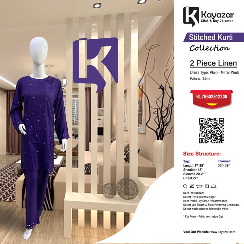 2-Pc Mirror Work Linen Suit Purple for Girls