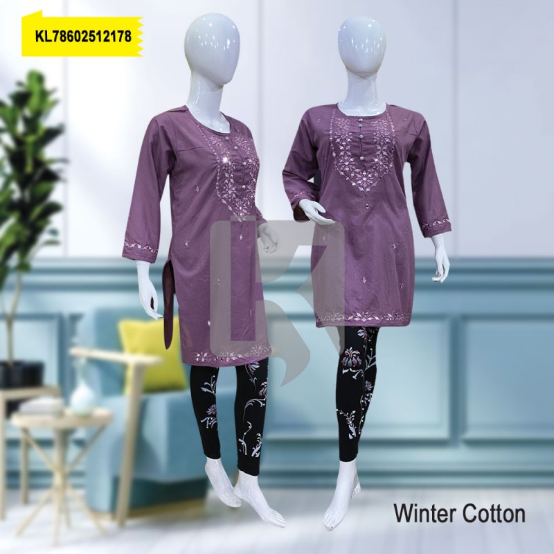 Winter Cotton Mirror Work With Dori Pipen Stitched Kurti Purple