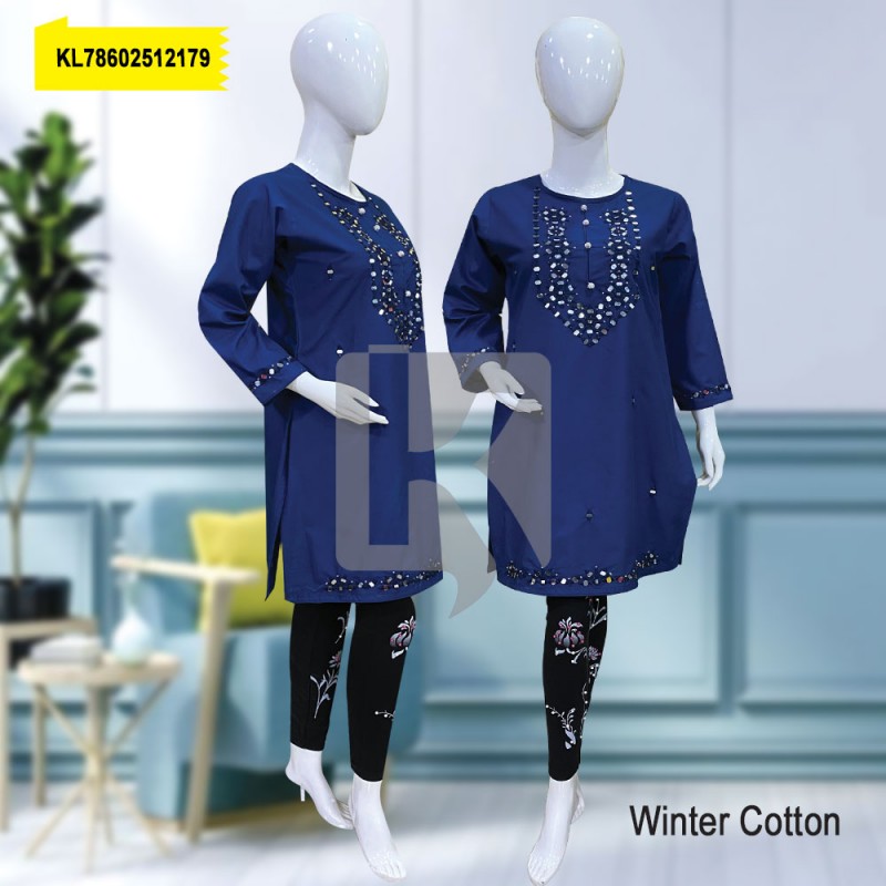Winter Cotton Mirror Work With Dori Pipen Stitched Kurti Navy Blue