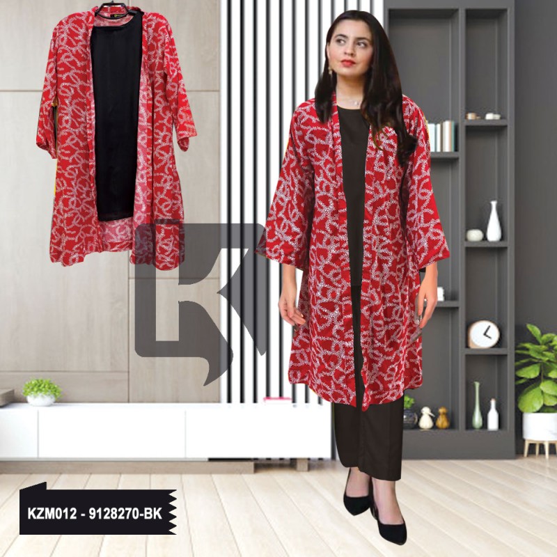 3PC Black Linen Suit With Printed Red Coat