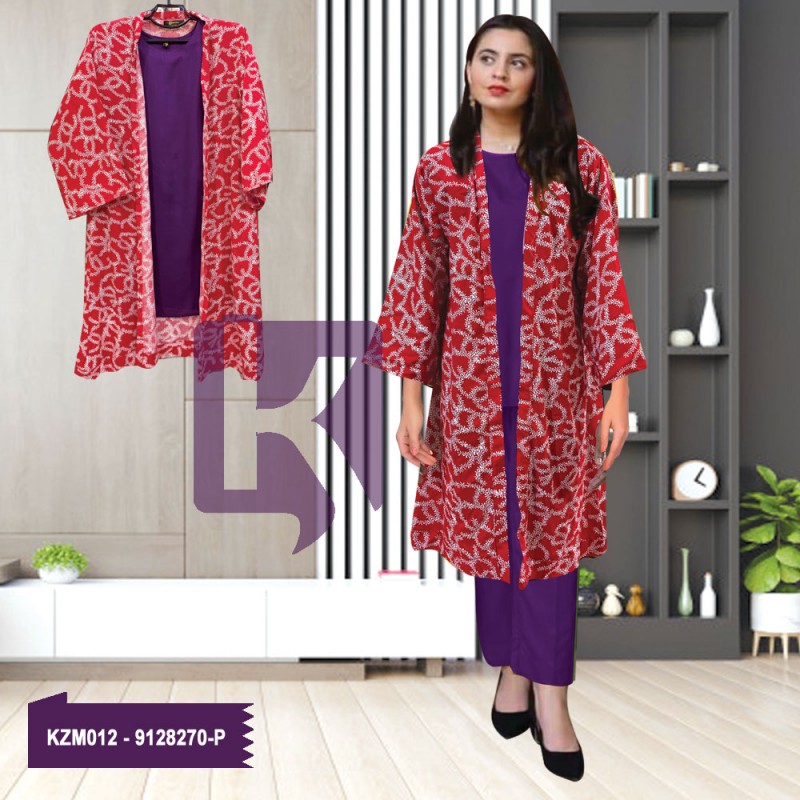 3PC Purple Linen Suit With Printed Red Coat