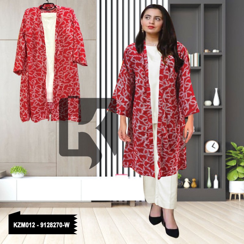 3PC White Linen Suit With Printed Red Coat