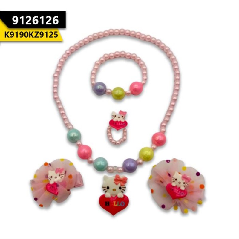 Kids Kitty Necklace Set With Clips Light Pink
