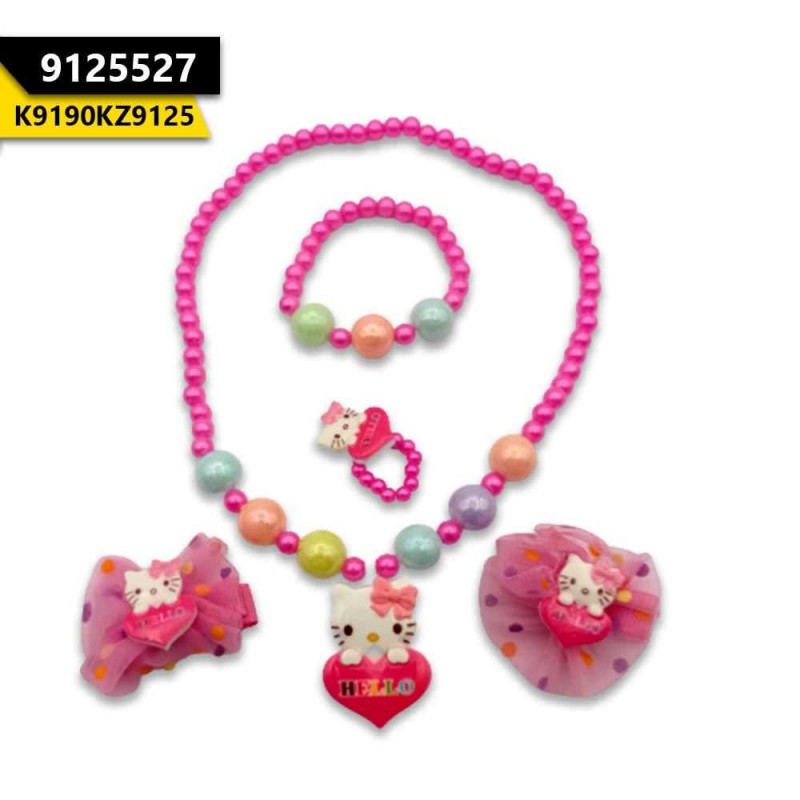 Kids Kitty Necklace Set With Clips Dark Pink