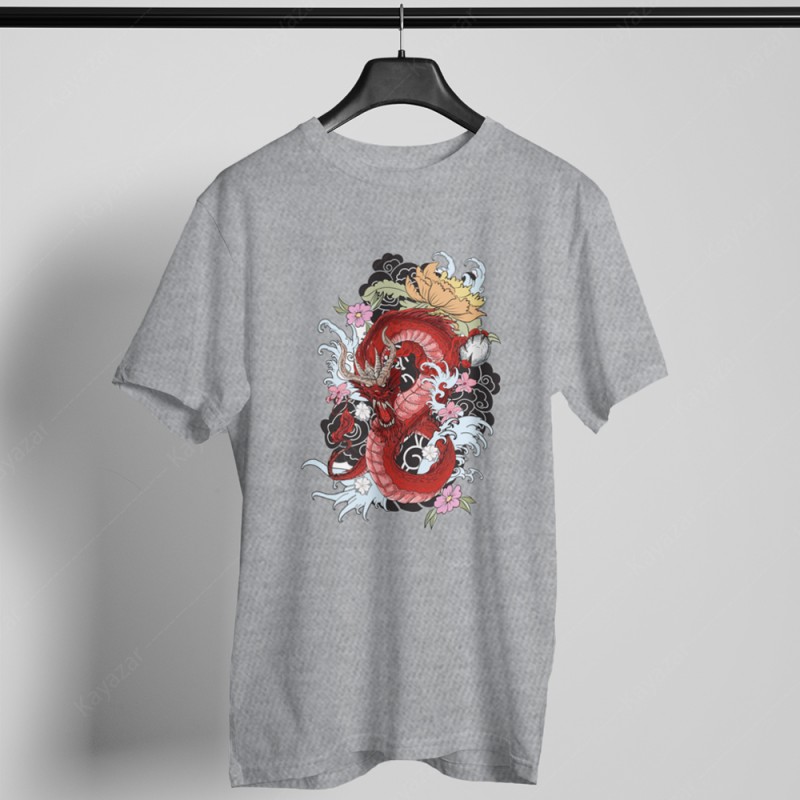 Men's T-Shirt Round Neck Red Dragon (Permanent Print)