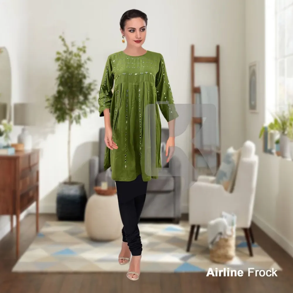 Mirror Work Airline Frock Green for Girls