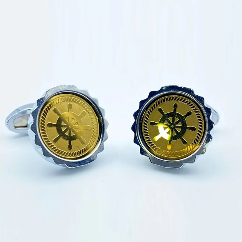 Stylish Men's Cufflink Silver Gold Ship Wheel Round