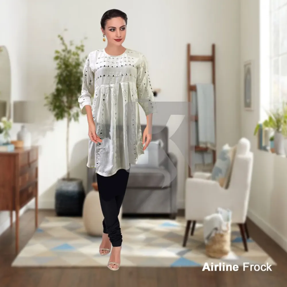 Mirror Work Airline Frock White for Girls