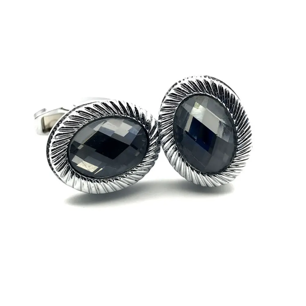 Stylish Men's Cufflink Silver Grey Stone Oval