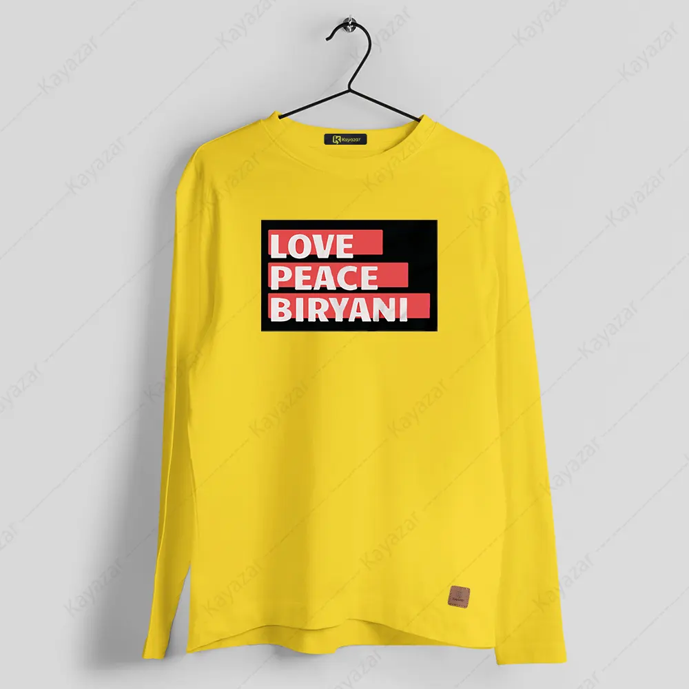 Men's Full Sleeves Round Neck T-Shirt Love Peace Biryani (Permanent Print)
