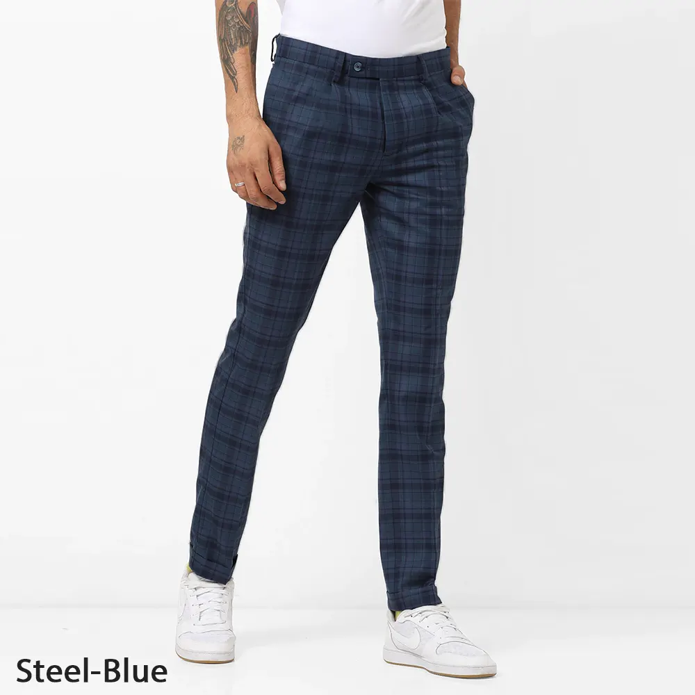 Men's Cotton Check Dress Pant Stretchable Chinos Steel Blue