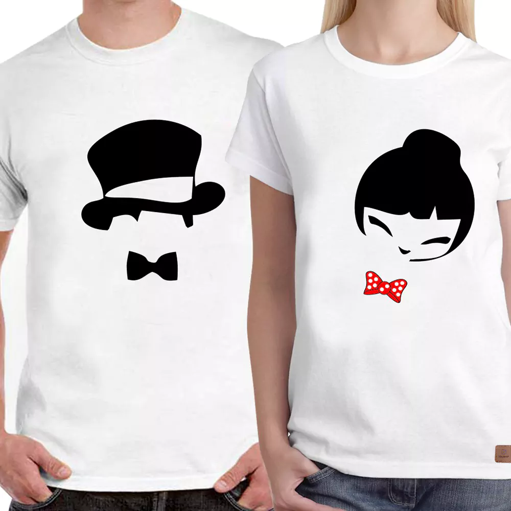Couple Permanent Print T-Shirt Man & Girl White