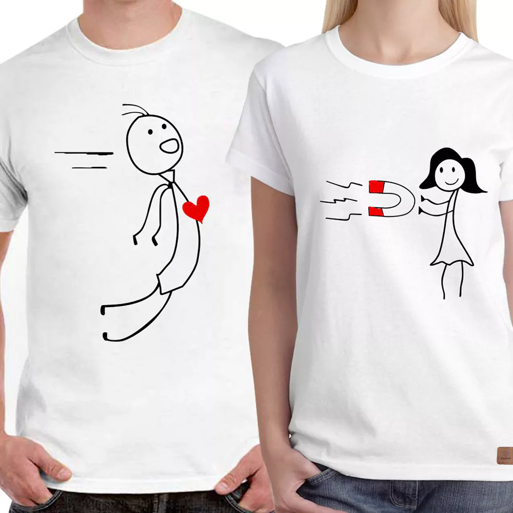 Couple Permanent Print T-Shirt Magnet of Love White