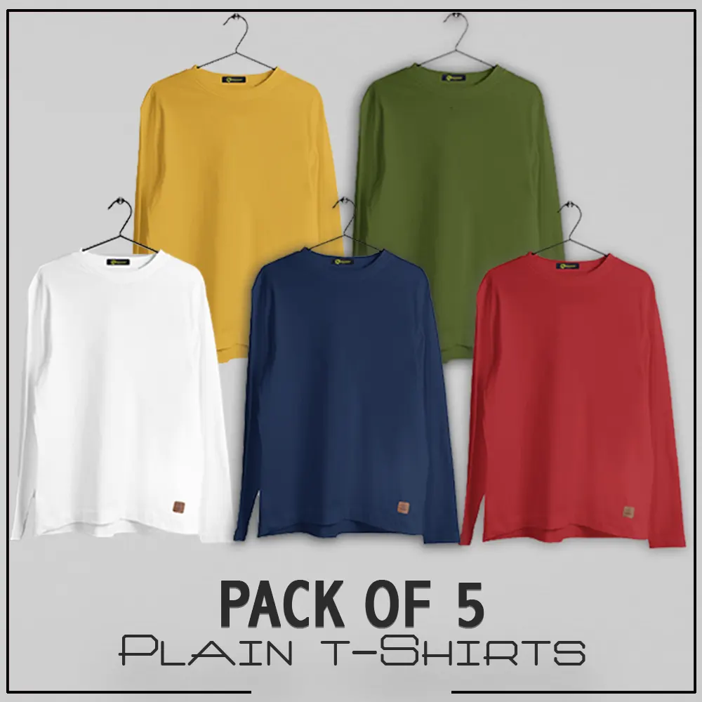 Pack of 5 Girls Full Sleeves Round Neck Plain T-Shirts