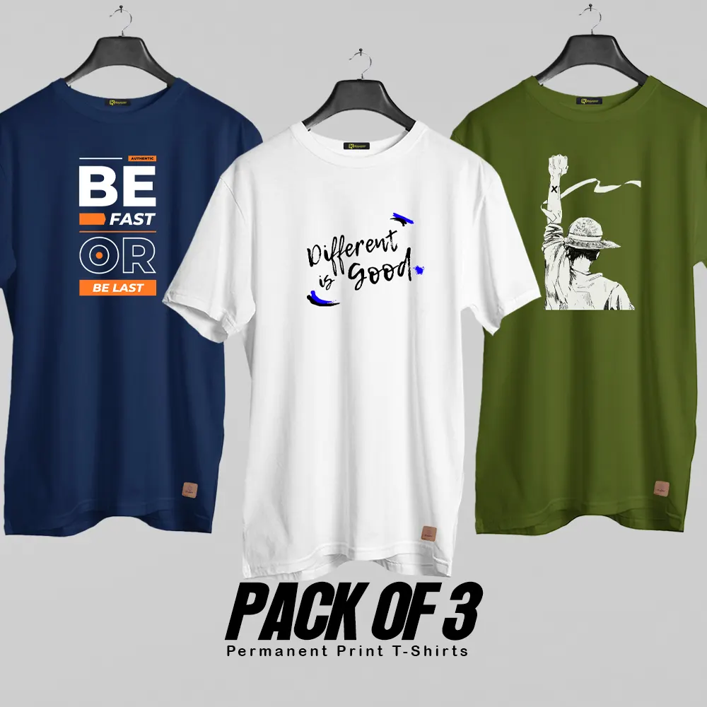 Pack of 3 (Be Different) Permanent Print T Shirts Deal 018