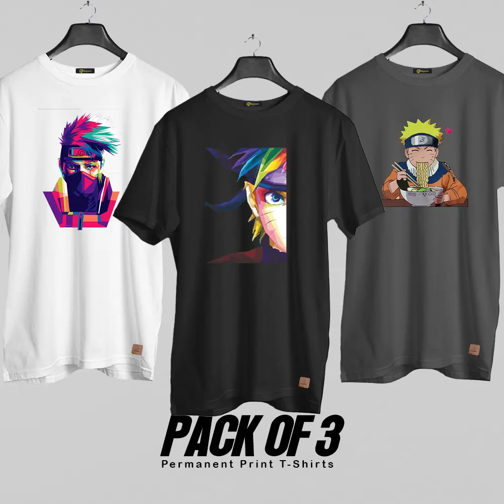 Pack of 3 (Naruto Anime Collection) Permanent Print T Shirts Deal 020